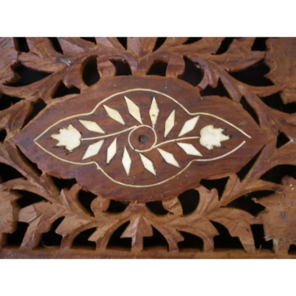 Vintage Hand Carved Ethnic Floral Inlay Solid Wood Wooden Jewelry Trinket Box